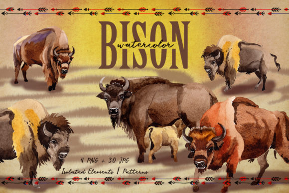 Exotic Bison Wild Animal Watercolor Set: Bold, Rustic Art for Creative Projects